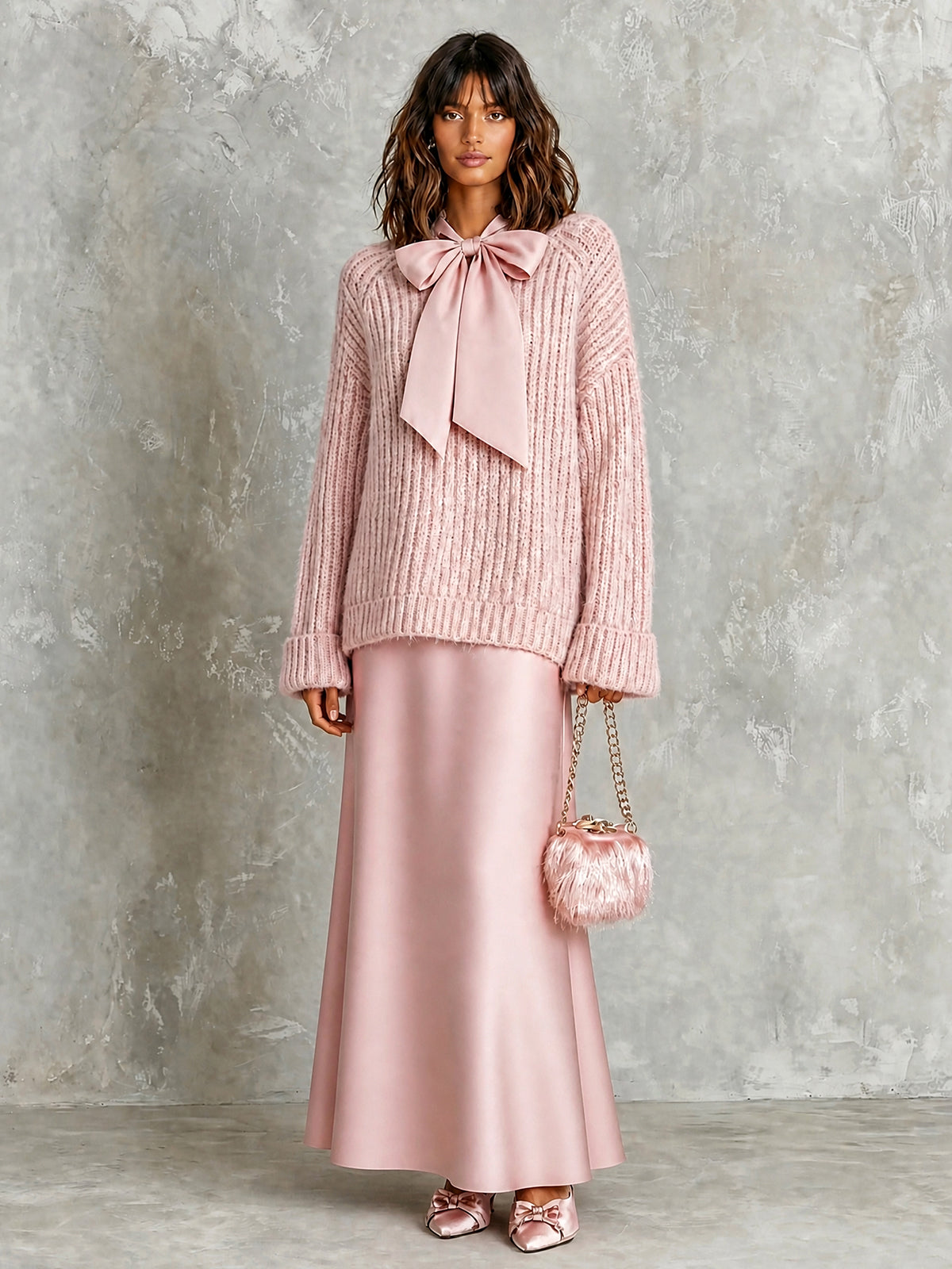 Chic Elegant Pink-Colored Tie-Neck Long-Sleeve Loose-Fit Ribbed Knit Sweater Satin A-Line Maxi Skirt Two-Piece Set