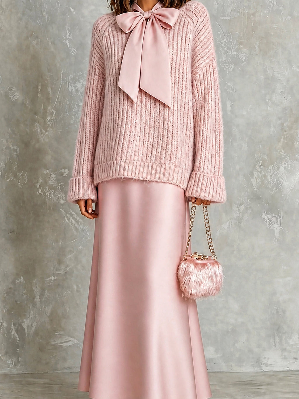 Chic Elegant Pink-Colored Tie-Neck Long-Sleeve Loose-Fit Ribbed Knit Sweater Satin A-Line Maxi Skirt Two-Piece Set
