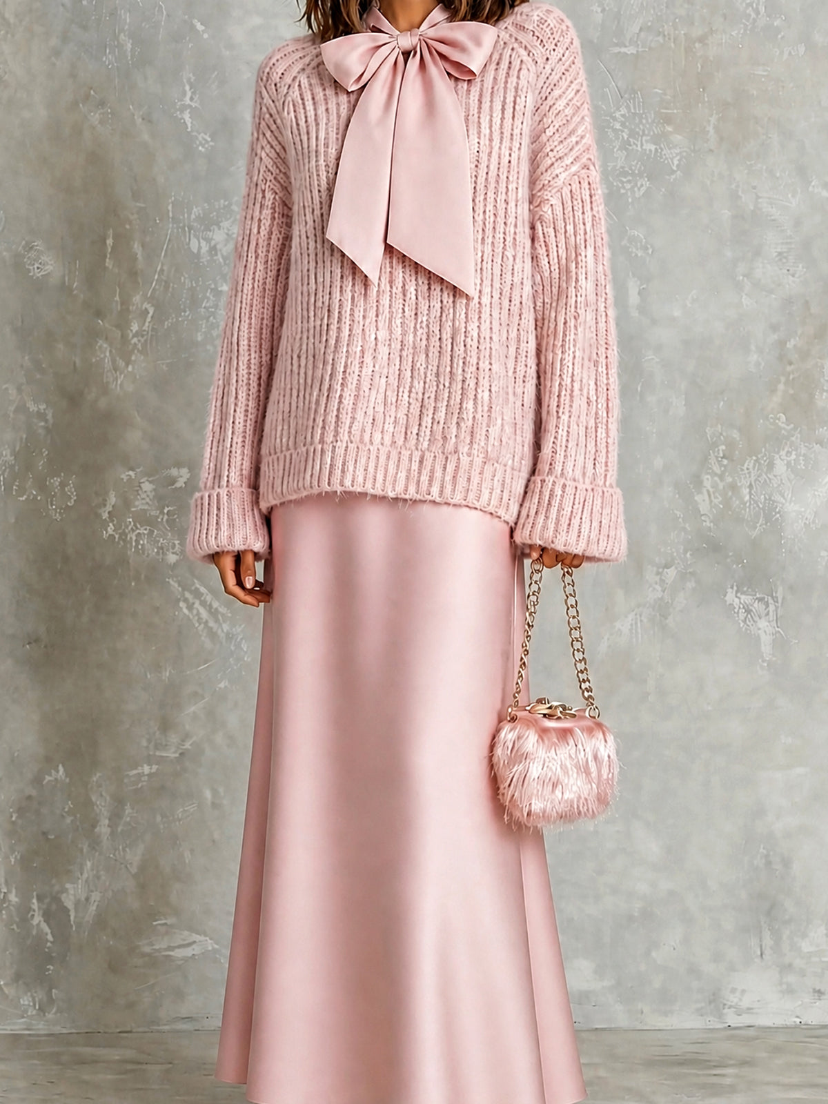Chic Elegant Pink-Colored Tie-Neck Long-Sleeve Loose-Fit Ribbed Knit Sweater Satin A-Line Maxi Skirt Two-Piece Set