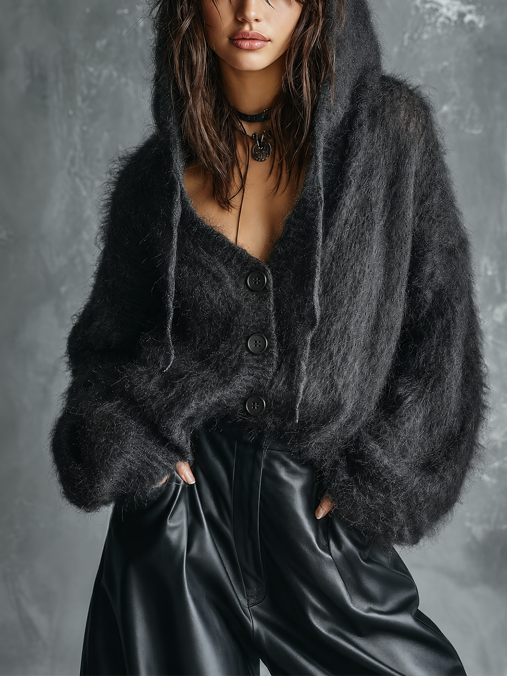 Chic Casual Charcoal Black Hooded Single-Breasted Long-Sleeve Loose-Fit Fluffy Mohair Knit Cardigan Top