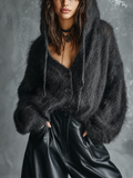 Chic Casual Charcoal Black Hooded Single-Breasted Long-Sleeve Loose-Fit Fluffy Mohair Knit Cardigan Top