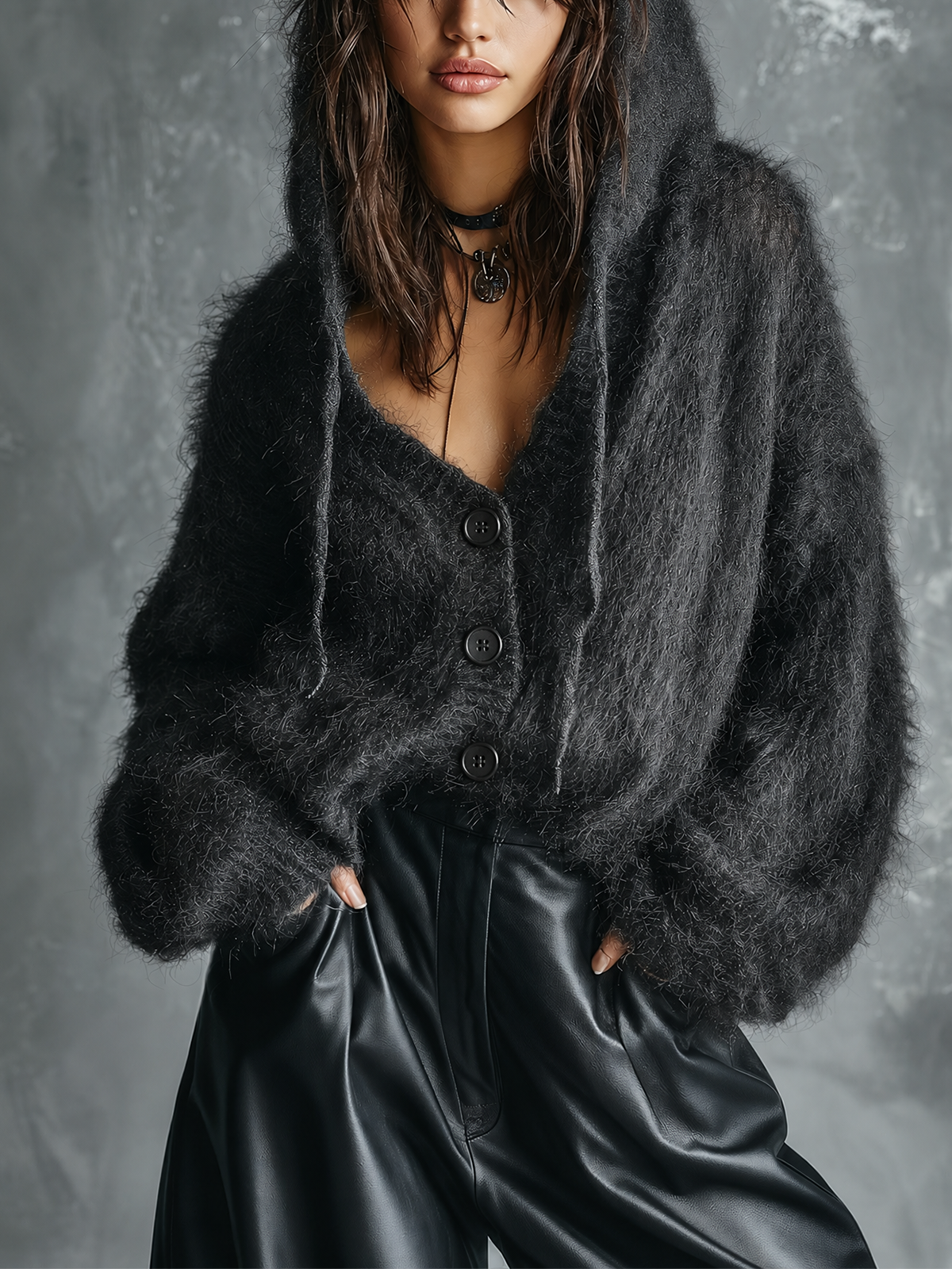 Chic Casual Charcoal Black Hooded Single-Breasted Long-Sleeve Loose-Fit Fluffy Mohair Knit Cardigan Top