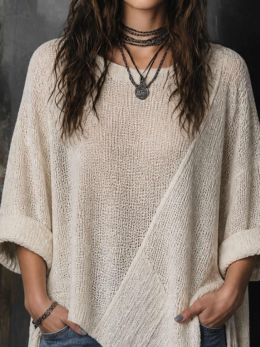 Chic Casual Off-White Round-Neck Dropped Shoulder Long Sleeves Asymmetric Hem Loose-Fit Knit Sweater Top