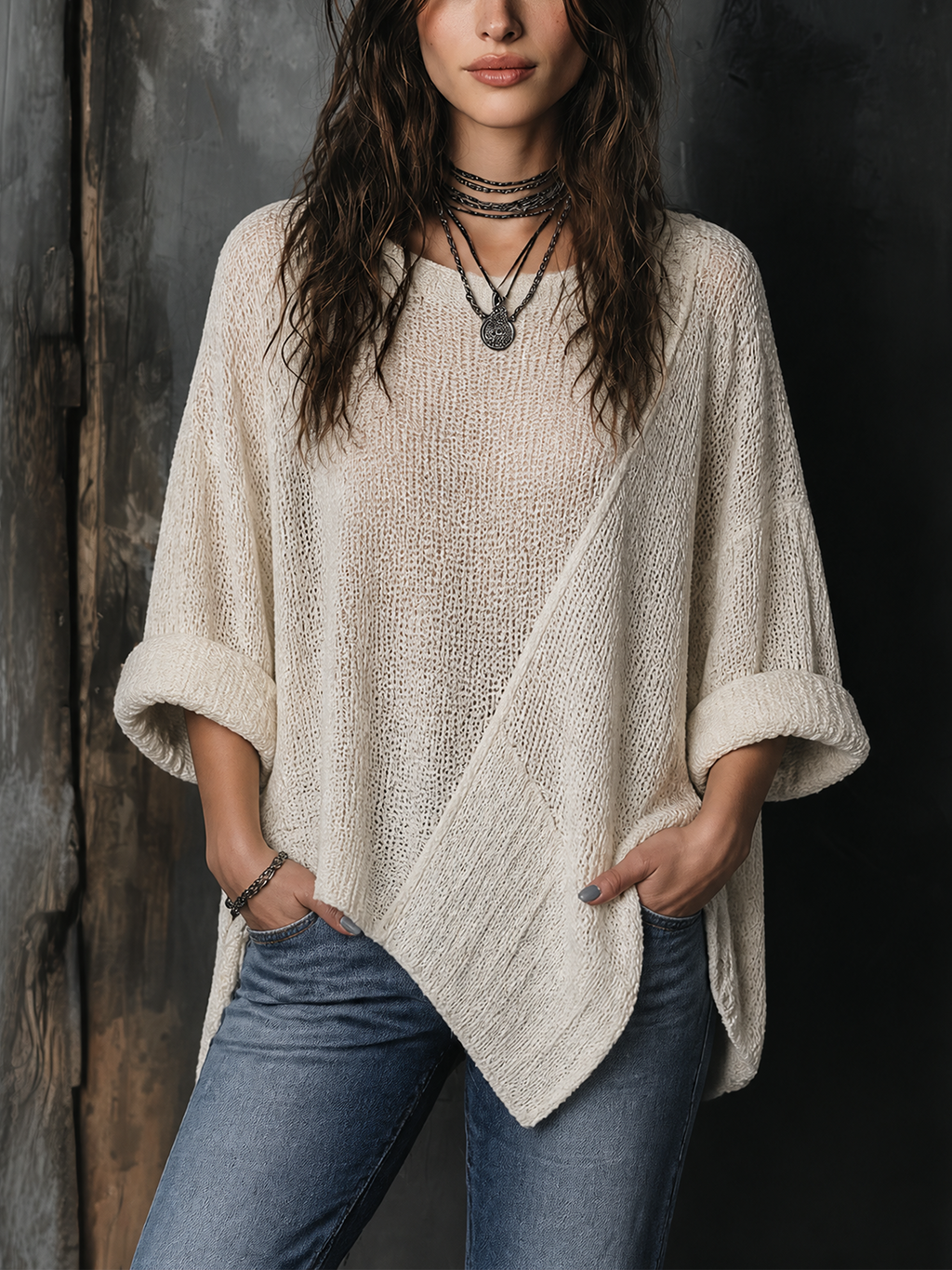 Chic Casual Off-White Round-Neck Dropped Shoulder Long Sleeves Asymmetric Hem Loose-Fit Knit Sweater Top