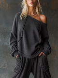 Chic Casual Charcoal Grey Off‑Shoulder Frayed Edge Dropped Shoulder Long Sleeve Loose-Fit French Terry Sweatshirt