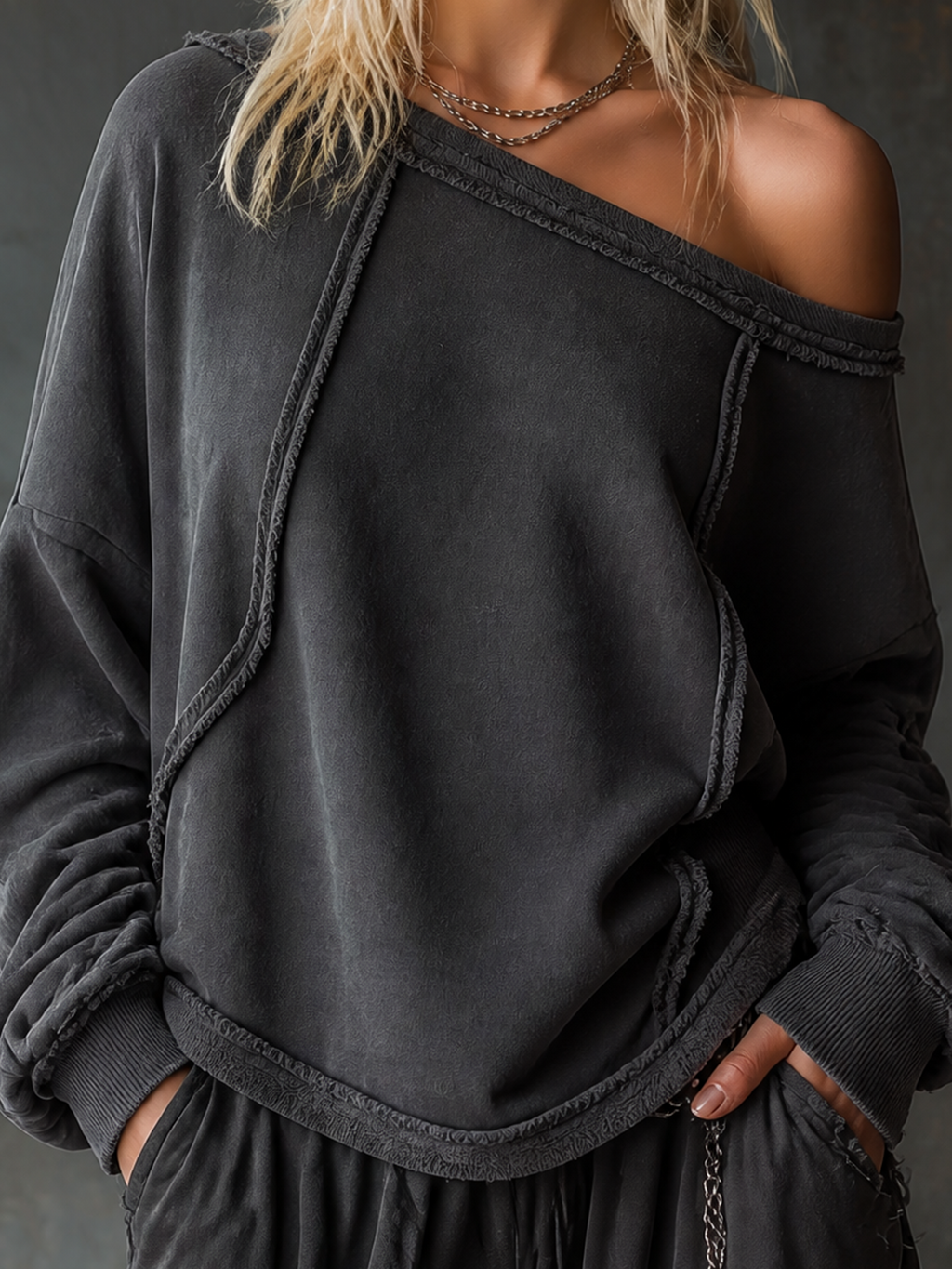Chic Casual Charcoal Grey Off‑Shoulder Frayed Edge Dropped Shoulder Long Sleeve Loose-Fit French Terry Sweatshirt