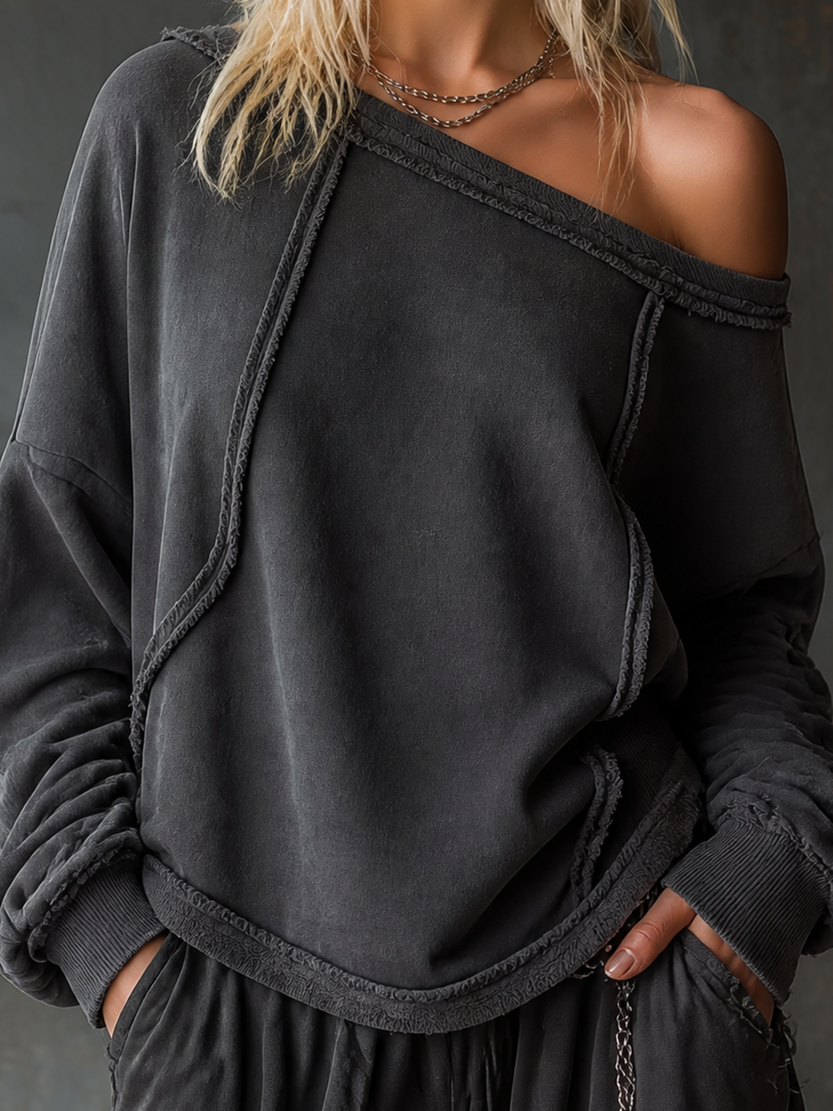 Chic Casual Charcoal Grey Off‑Shoulder Frayed Edge Dropped Shoulder Long Sleeve Loose-Fit French Terry Sweatshirt