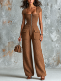 Chic Elegant Caramel Brown Square‑Neck Zipper-Front Cap‑Sleeve Flap Patch Pocket Knit Jumpsuit