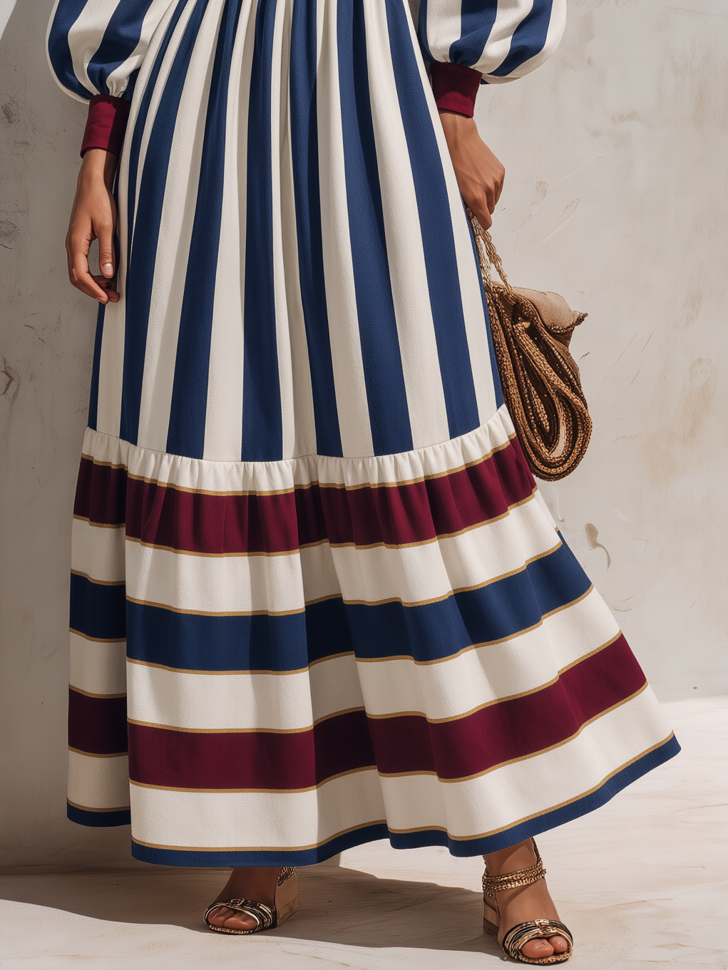 Retro Color-blocked Striped Long Sleeve Maxi Dress