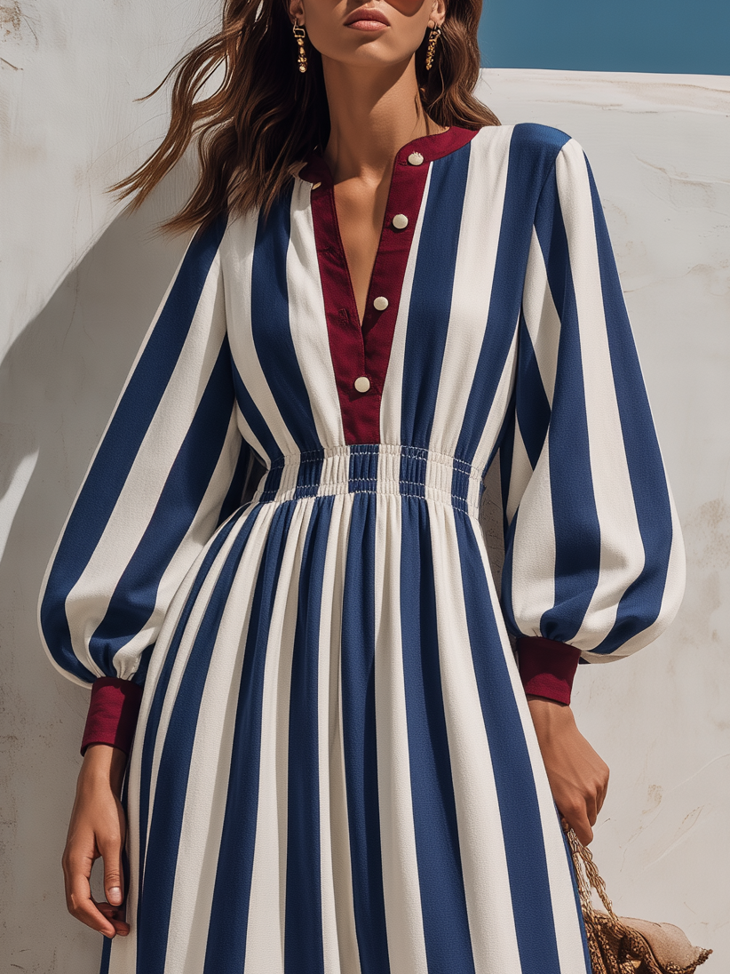 Retro Color-blocked Striped Long Sleeve Maxi Dress
