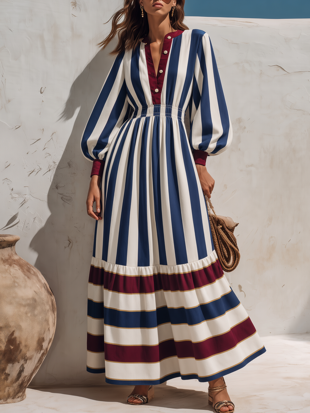 Retro Color-blocked Striped Long Sleeve Maxi Dress