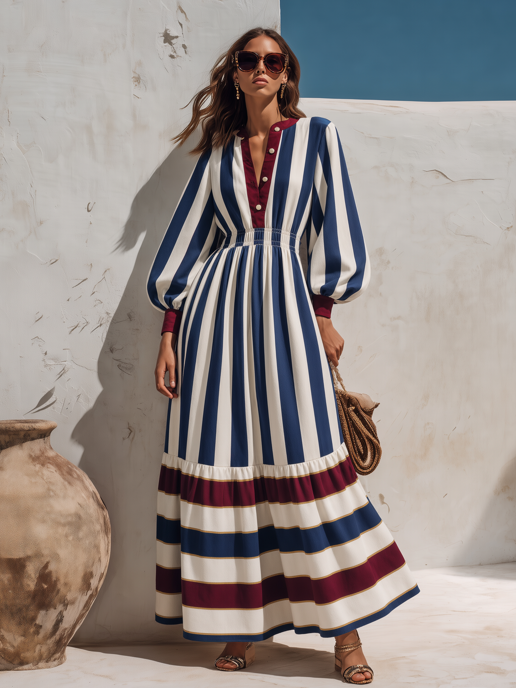 Retro Color-blocked Striped Long Sleeve Maxi Dress