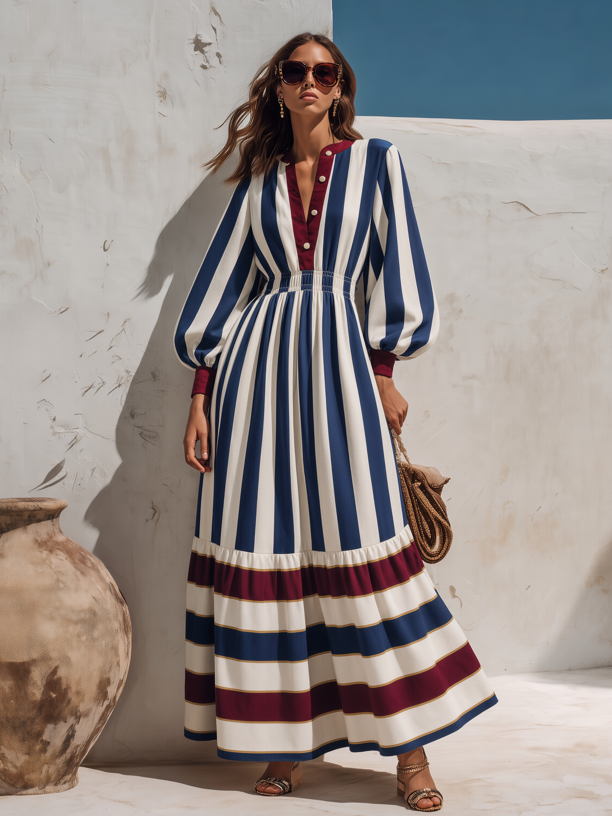 Retro Color-blocked Striped Long Sleeve Maxi Dress