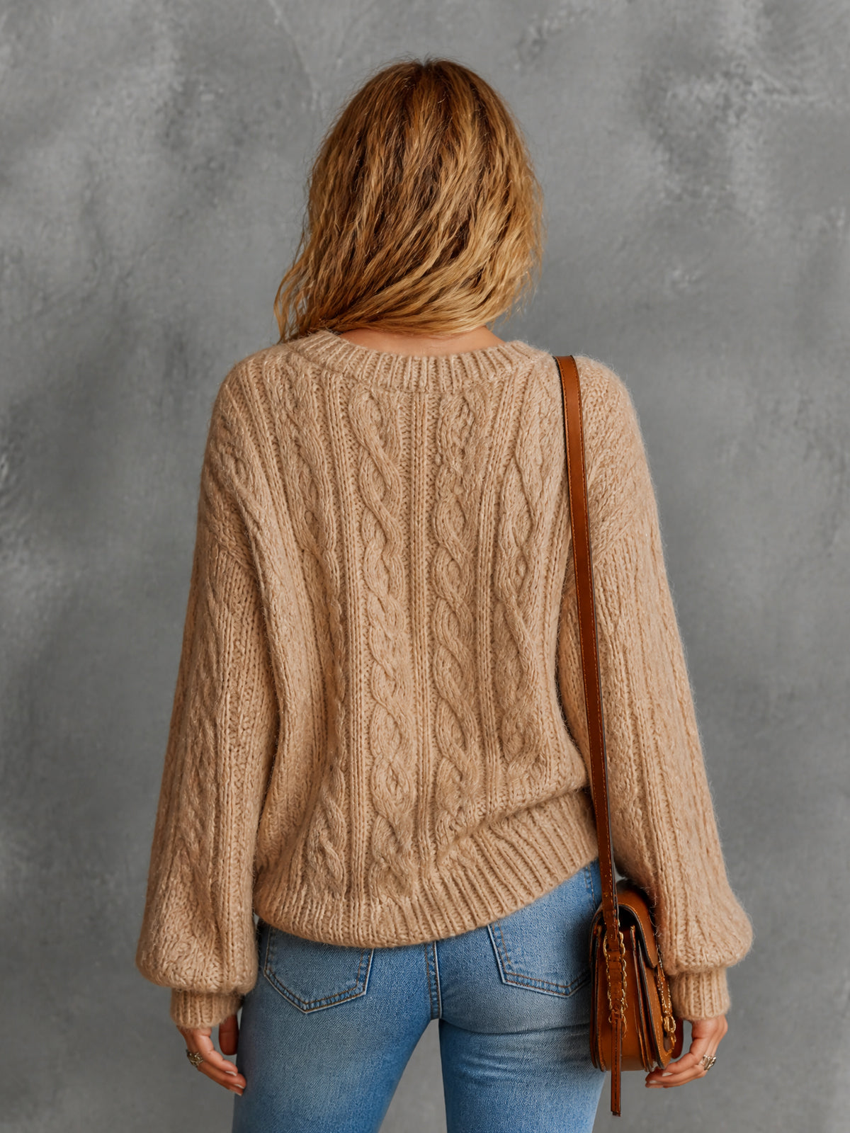 Chic Elegant Camel V-Neck Dropped-Shoulder Long-Lantern-Sleeve Loose-Fit Soft Cable Knit Sweater