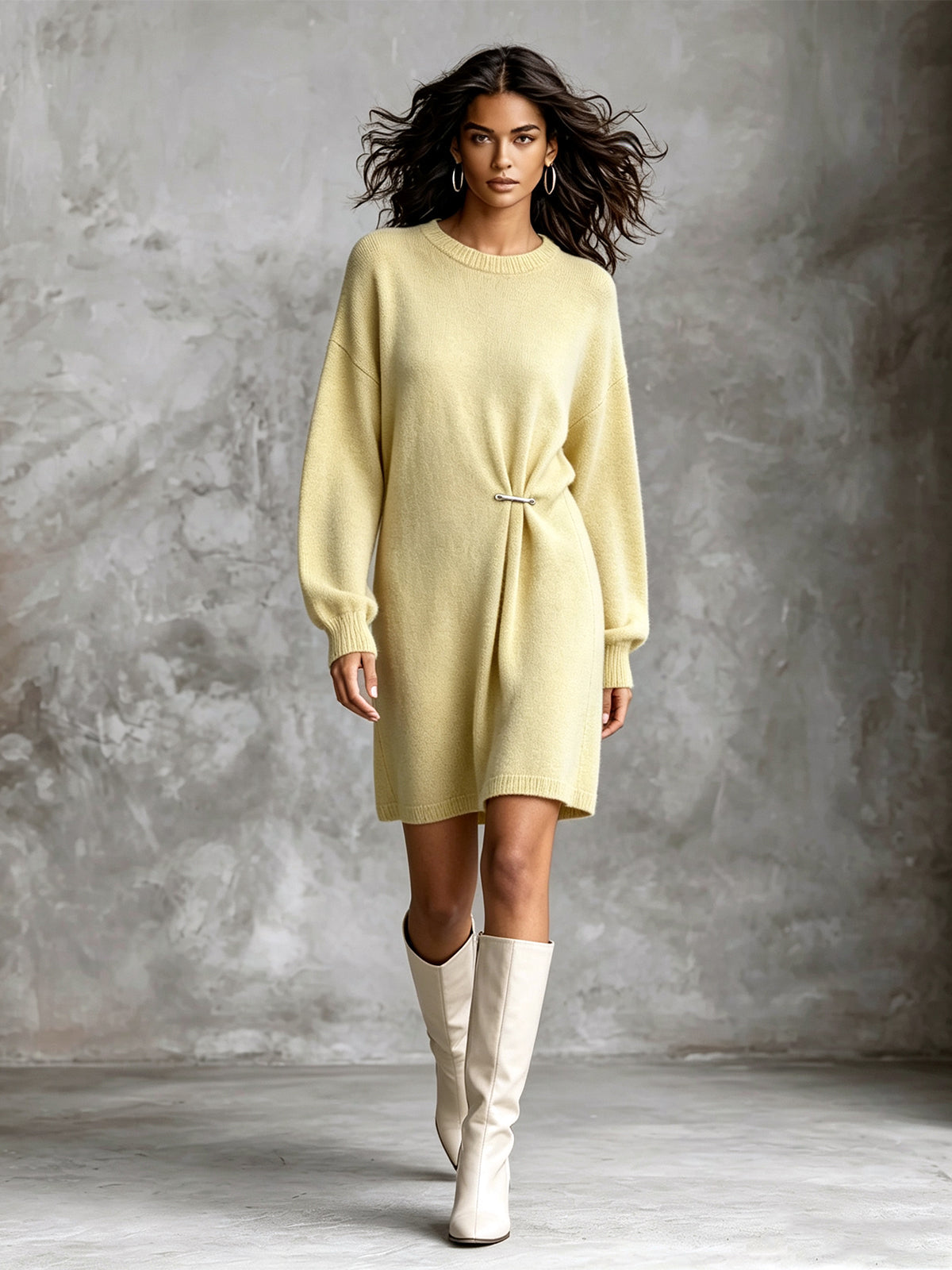 Chic Elegant Pale Yellow Crew Neck Metal Pin Detail Ruched Long‑Sleeve Loose-Fit Soft Knit Mini Dress