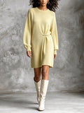 Chic Elegant Pale Yellow Crew Neck Metal Pin Detail Ruched Long‑Sleeve Loose-Fit Soft Knit Mini Dress