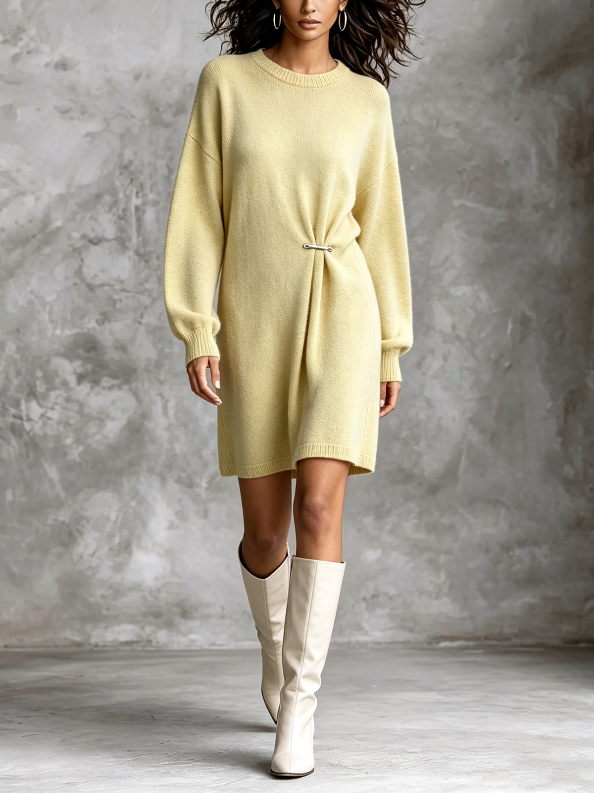 Chic Elegant Pale Yellow Crew Neck Metal Pin Detail Ruched Long‑Sleeve Loose-Fit Soft Knit Mini Dress
