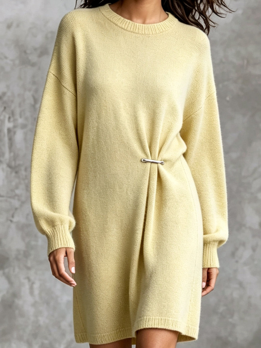 Chic Elegant Pale Yellow Crew Neck Metal Pin Detail Ruched Long‑Sleeve Loose-Fit Soft Knit Mini Dress