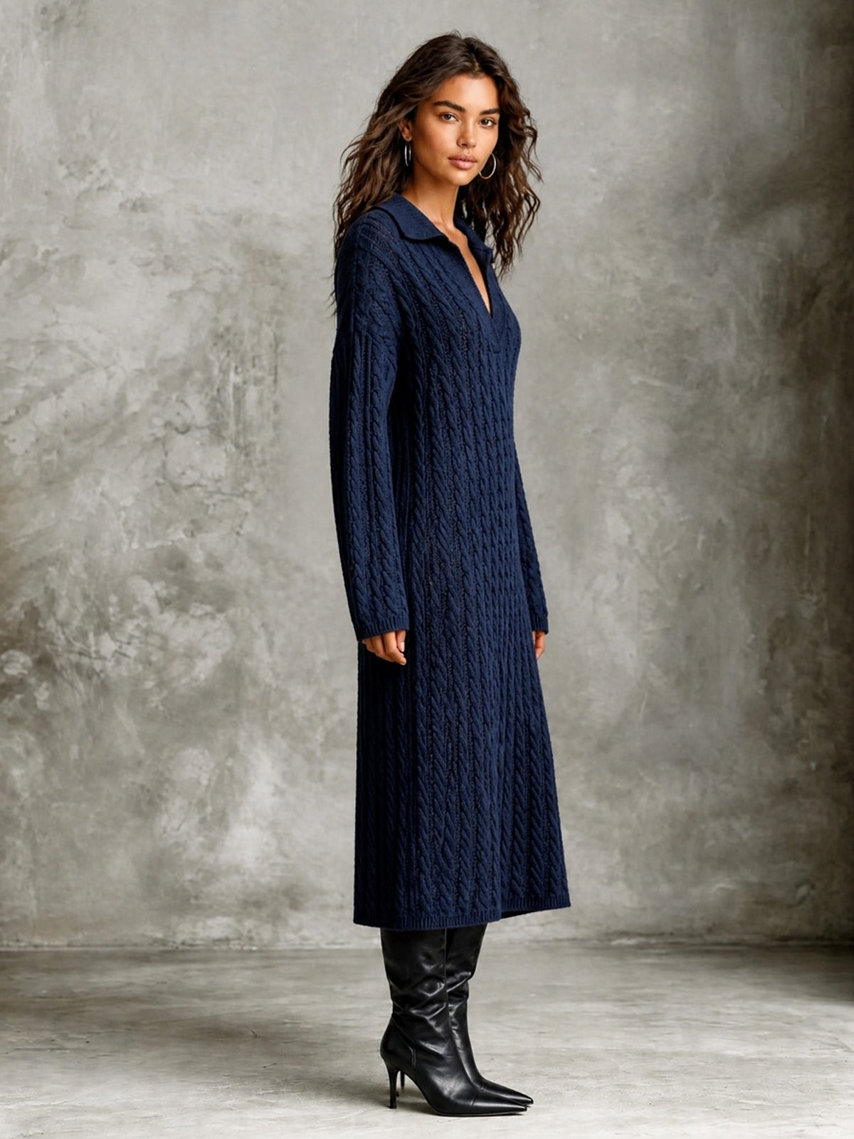 Chic Elegant Navy Blue Lapel V-Neck Dropped-Shoulder Long‑Sleeve Loose-Fit Wool Blend Cable Knit Midi Dress