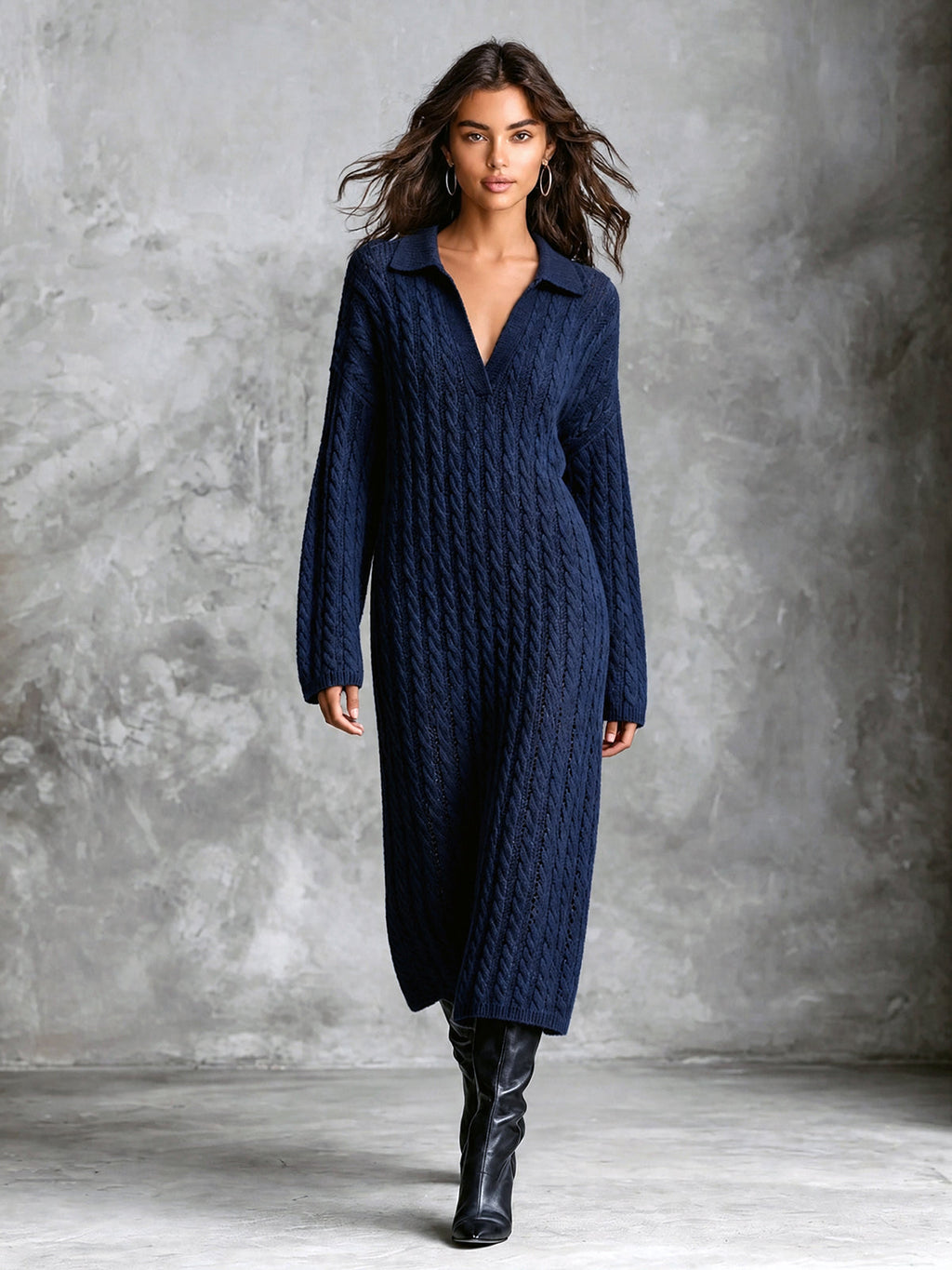 Chic Elegant Navy Blue Lapel V-Neck Dropped-Shoulder Long‑Sleeve Loose-Fit Wool Blend Cable Knit Midi Dress