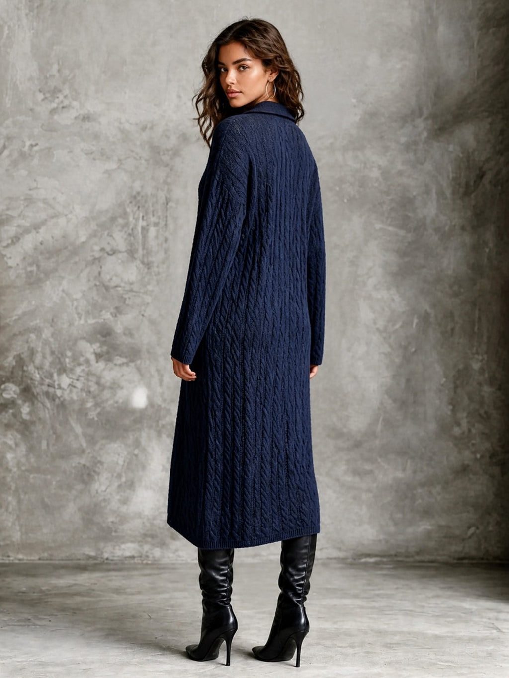 Chic Elegant Navy Blue Lapel V-Neck Dropped-Shoulder Long‑Sleeve Loose-Fit Wool Blend Cable Knit Midi Dress