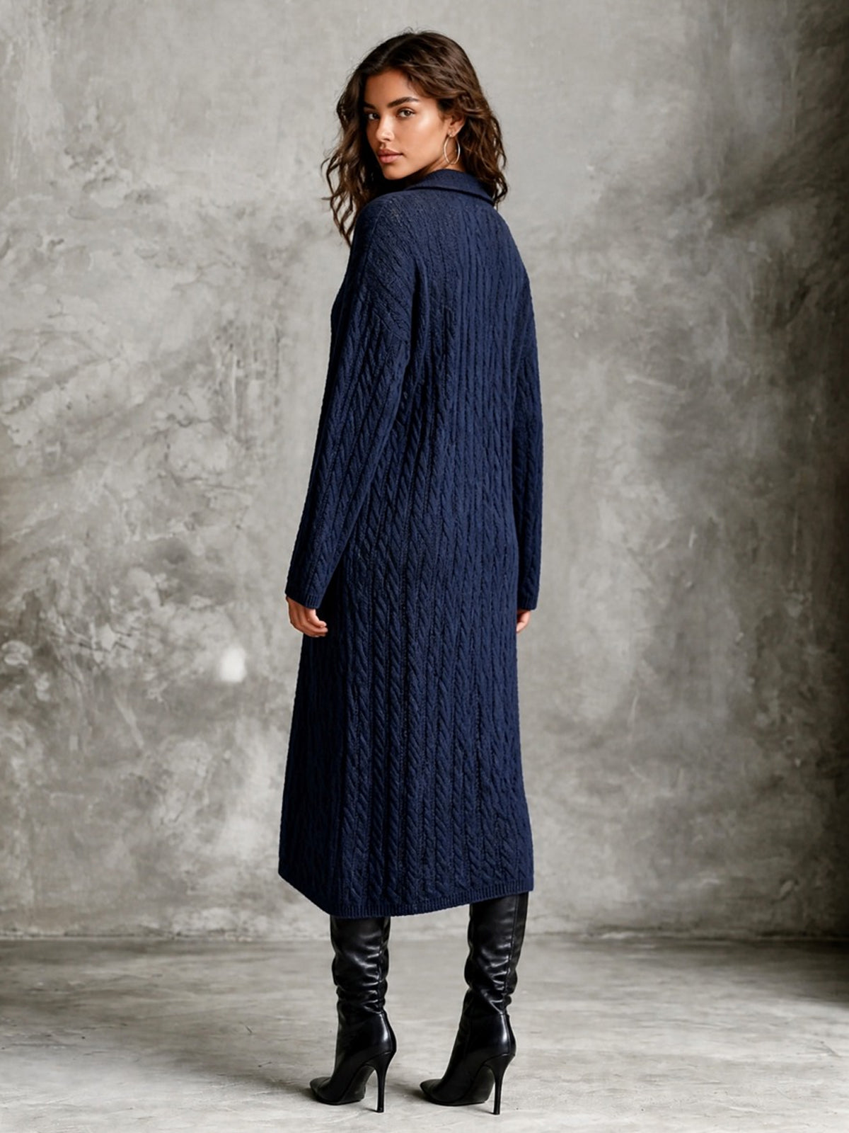 Chic Elegant Navy Blue Lapel V-Neck Dropped-Shoulder Long‑Sleeve Loose-Fit Wool Blend Cable Knit Midi Dress