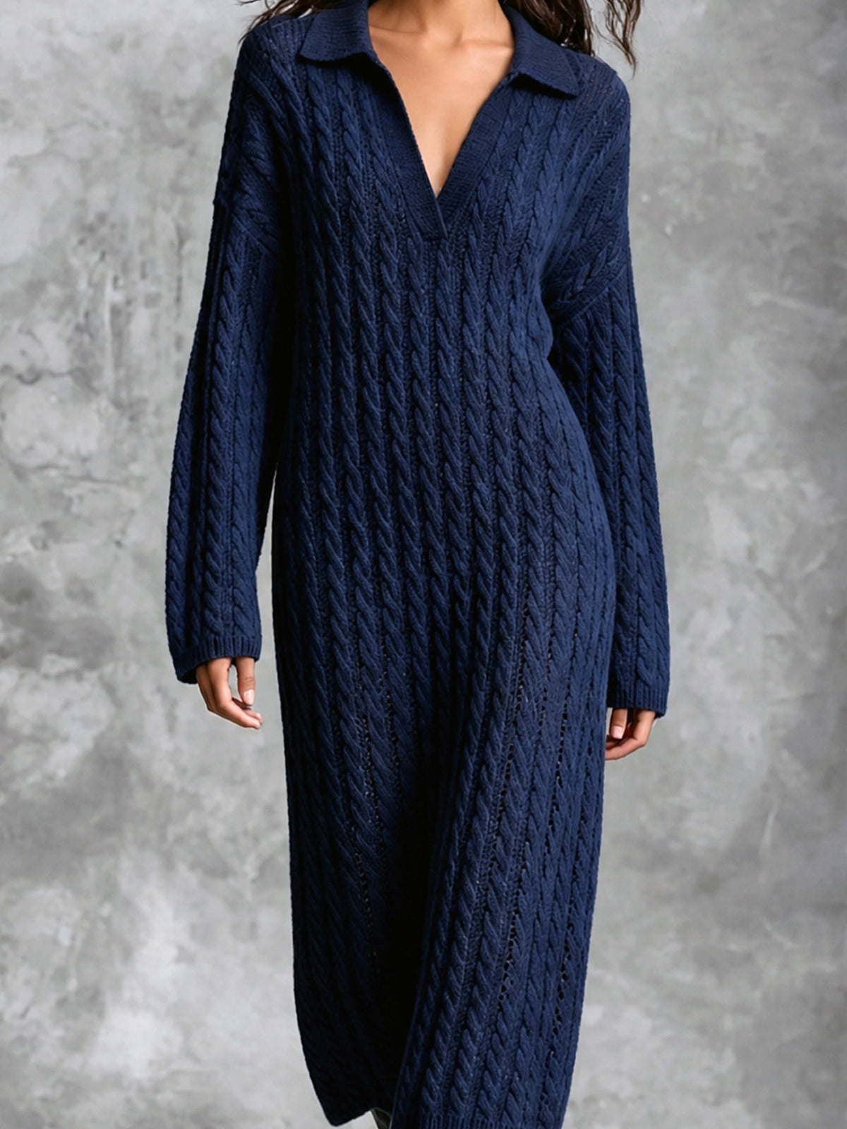 Chic Elegant Navy Blue Lapel V-Neck Dropped-Shoulder Long‑Sleeve Loose-Fit Wool Blend Cable Knit Midi Dress