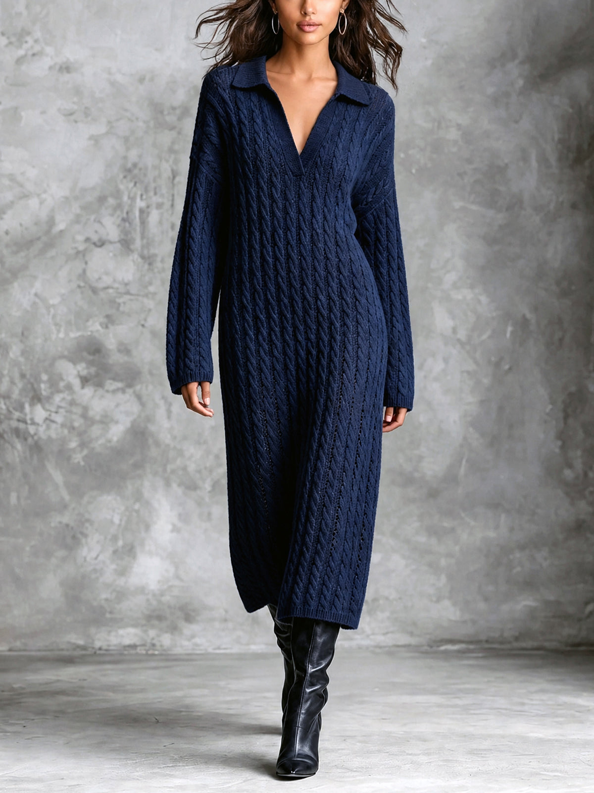 Chic Elegant Navy Blue Lapel V-Neck Dropped-Shoulder Long‑Sleeve Loose-Fit Wool Blend Cable Knit Midi Dress
