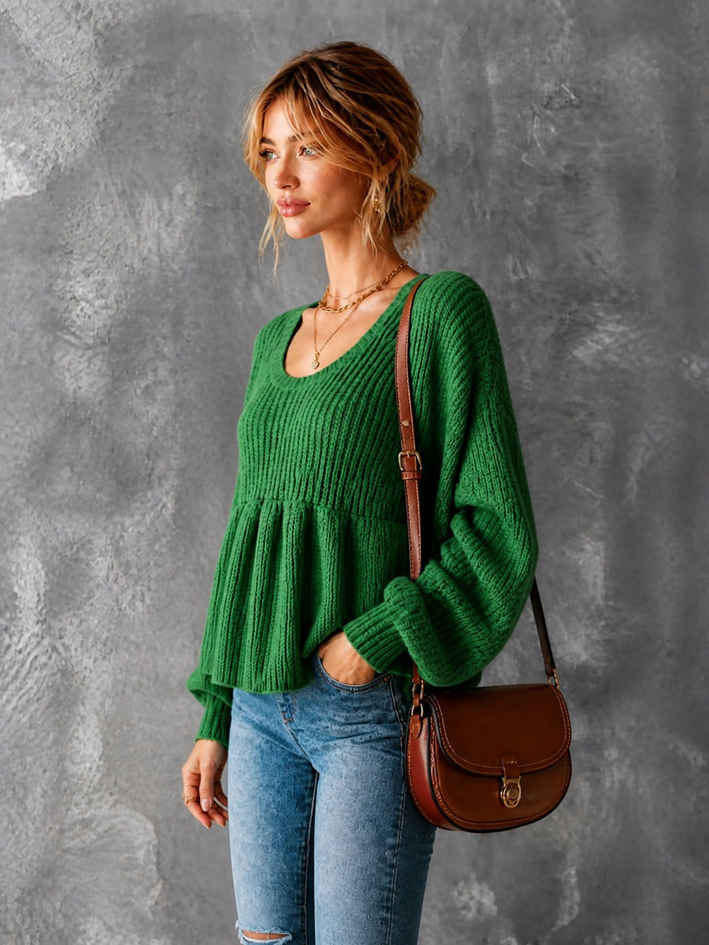 Chic Casual Green Round-Neck Long‑Lantern-Sleeve Loose-Fit Ruched Hem A-Line Wool Blend Knit Sweater