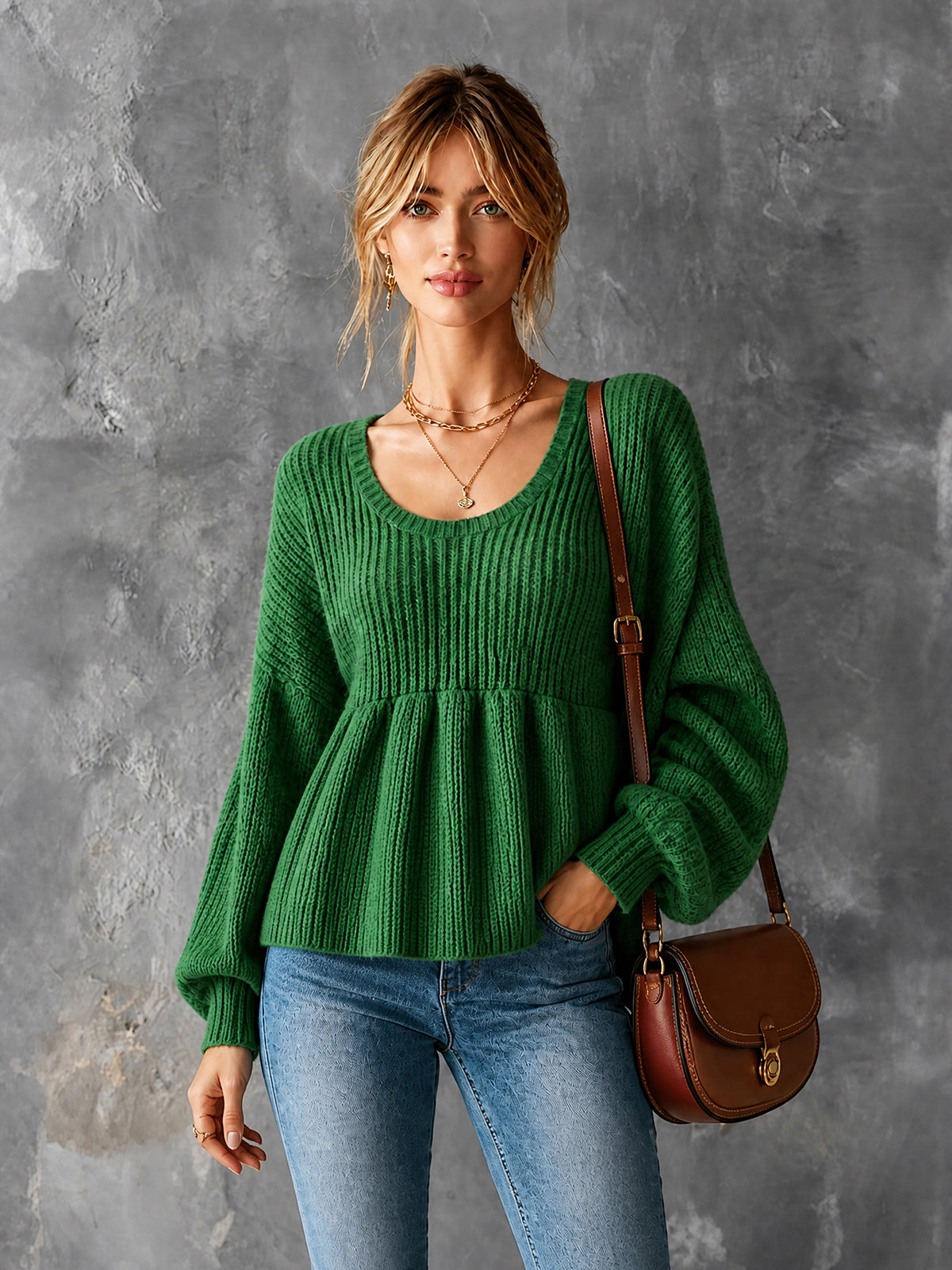 Chic Casual Green Round-Neck Long‑Lantern-Sleeve Loose-Fit Ruched Hem A-Line Wool Blend Knit Sweater