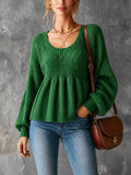 Chic Casual Green Round-Neck Long‑Lantern-Sleeve Loose-Fit Ruched Hem A-Line Wool Blend Knit Sweater