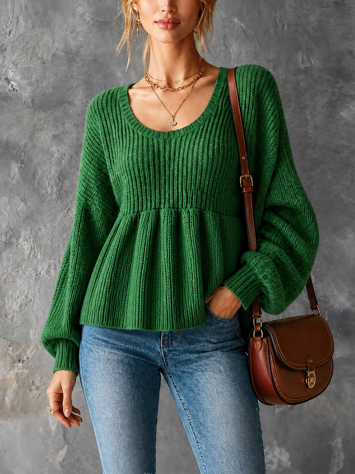 Chic Casual Green Round-Neck Long‑Lantern-Sleeve Loose-Fit Ruched Hem A-Line Wool Blend Knit Sweater
