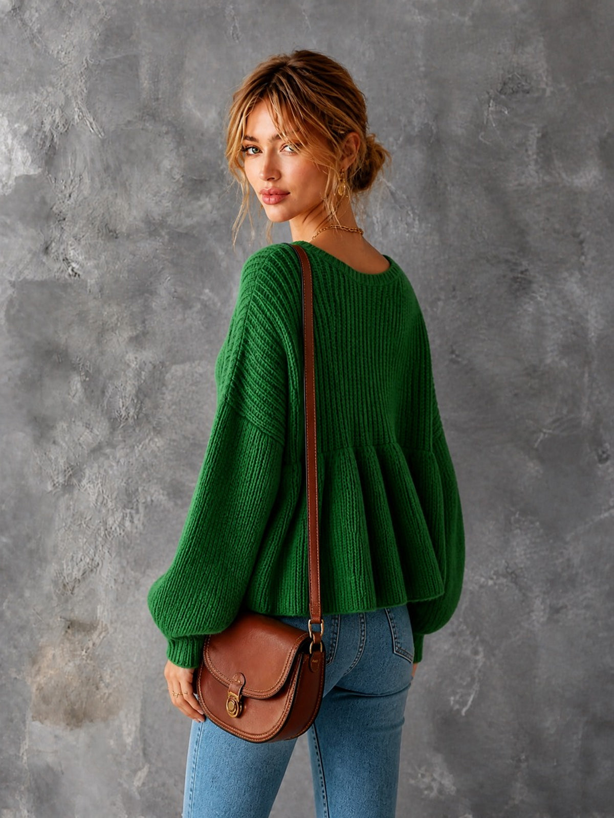 Chic Casual Green Round-Neck Long‑Lantern-Sleeve Loose-Fit Ruched Hem A-Line Wool Blend Knit Sweater