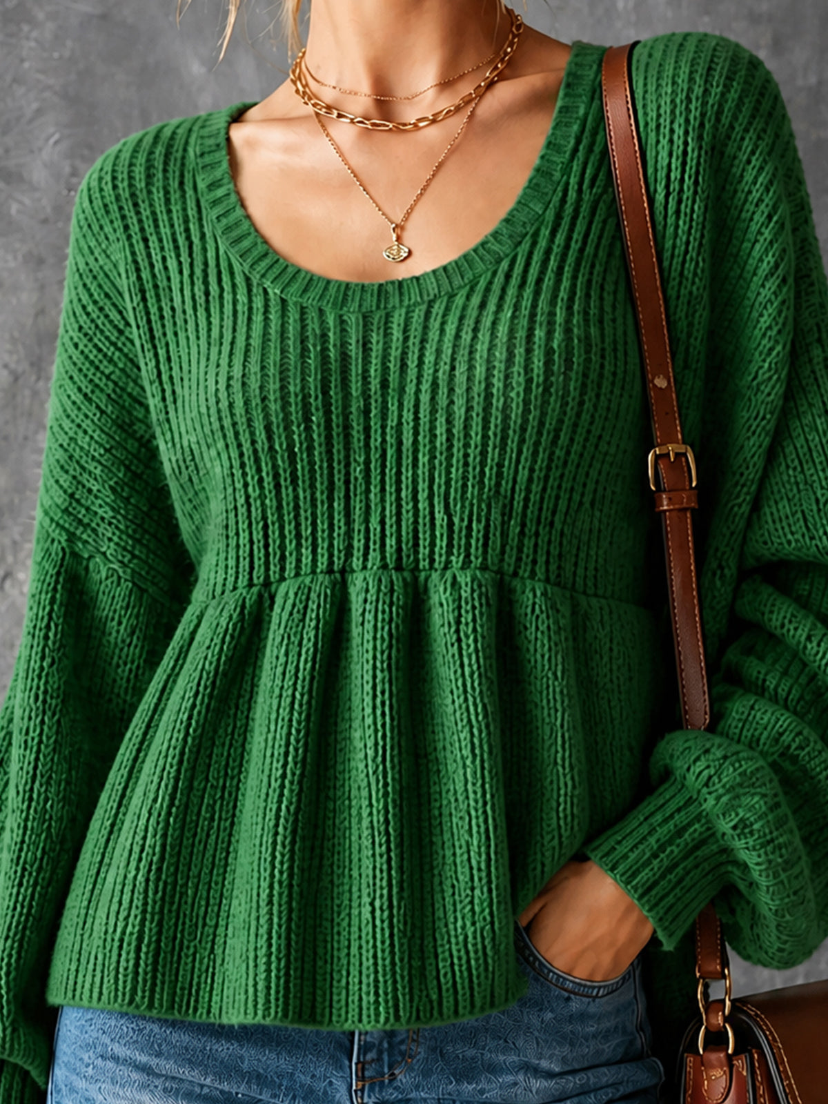 Chic Casual Green Round-Neck Long‑Lantern-Sleeve Loose-Fit Ruched Hem A-Line Wool Blend Knit Sweater