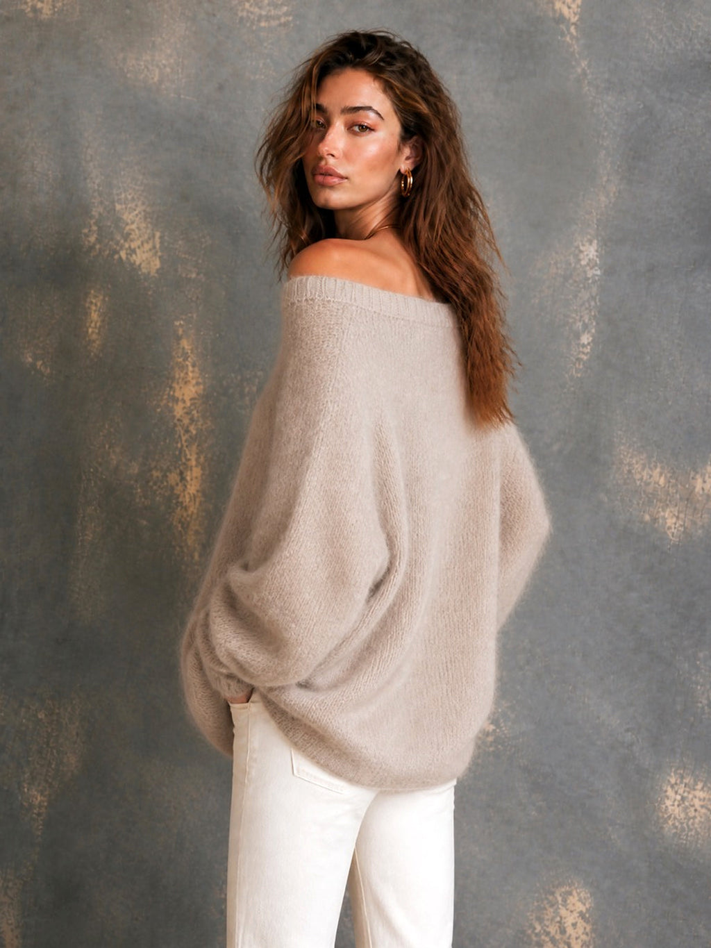 Chic Elegant Oatmeal Off-The-Shoulder Dropped-Shoulder Long‑Sleeve Loose-Fit Soft Mohair Blend Knit Sweater