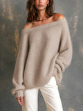 Chic Elegant Oatmeal Off-The-Shoulder Dropped-Shoulder Long‑Sleeve Loose-Fit Soft Mohair Blend Knit Sweater