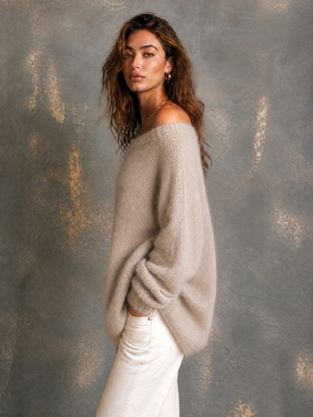 Chic Elegant Oatmeal Off-The-Shoulder Dropped-Shoulder Long‑Sleeve Loose-Fit Soft Mohair Blend Knit Sweater