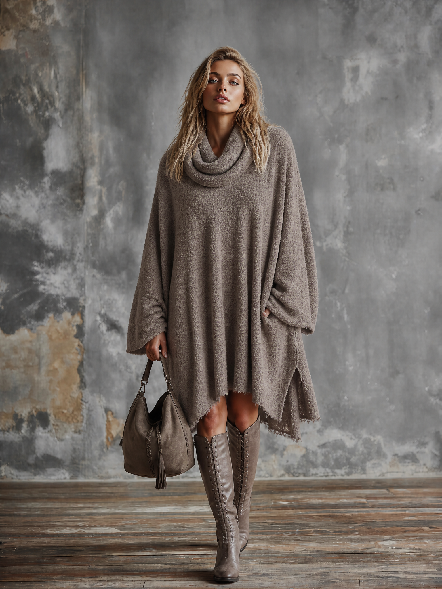 Chic Elegant Taupe Cowl Neck Long-Sleeve Frayed Raw Hem Loose-Fit Side-Slit Knit Midi Dress