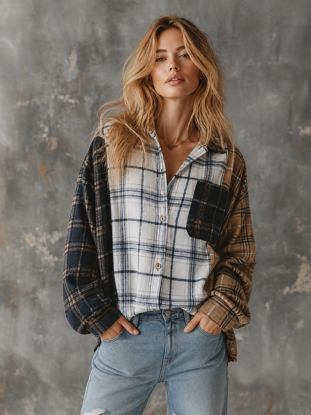 Chic Casual Multi Plaid Colorblock Lapel Collar Single-Breasted Dropped-Shoulder Long‑Sleeve Patch Pocket Loose-Fit Flannel Shirt