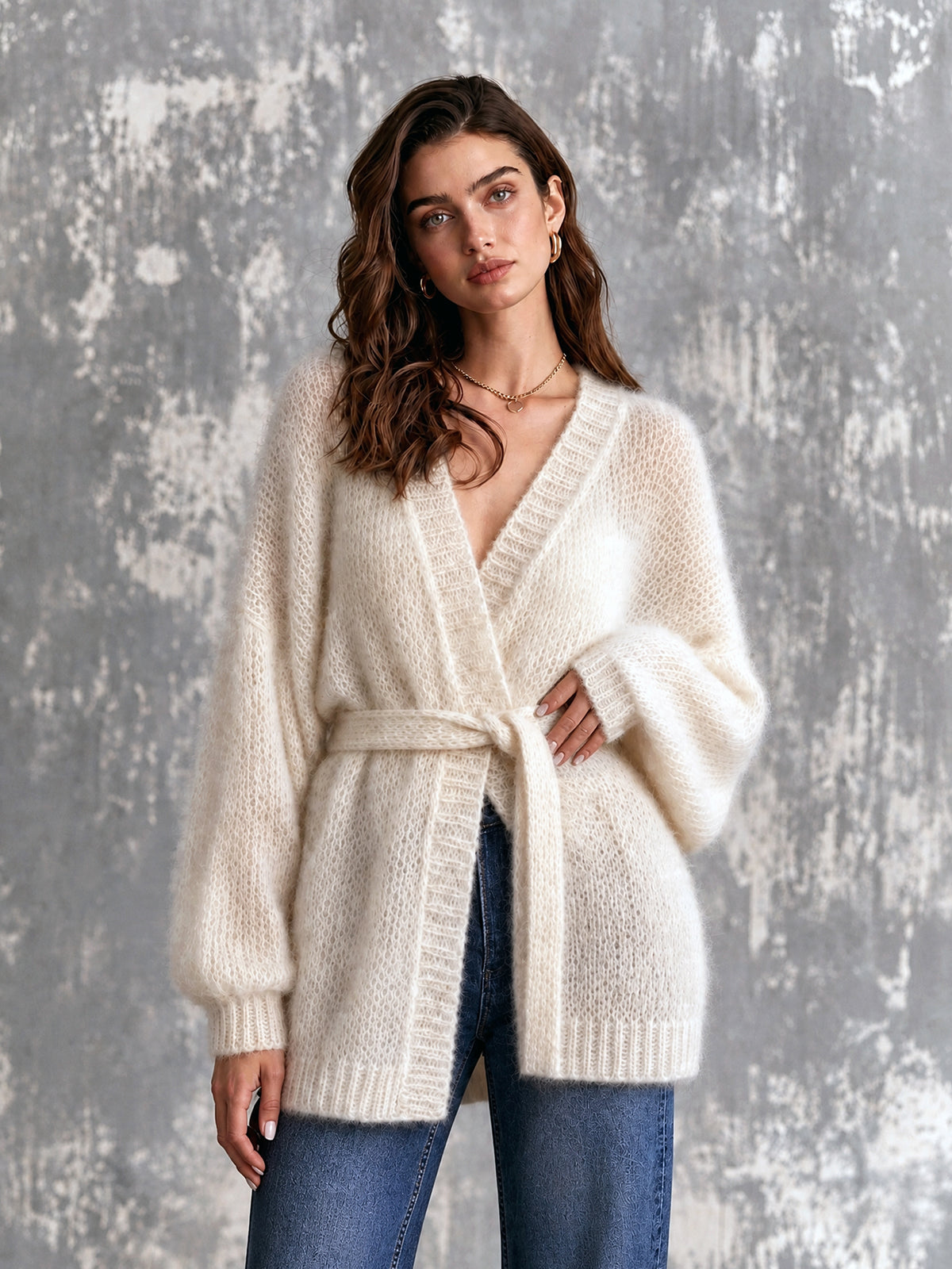 Chic Elegant Cream White Long‑Sleeve Open-Front Loose-Fit Belted Soft Mohair Blend Knit Cardigan