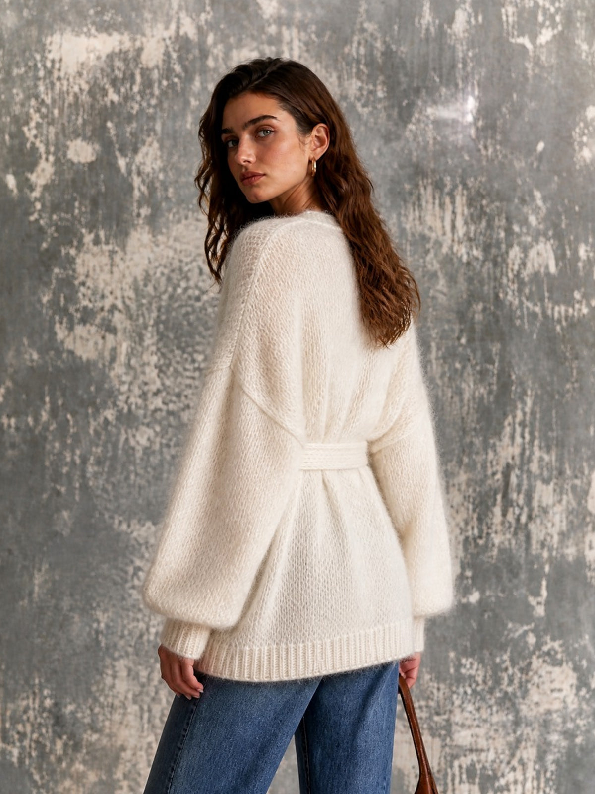 Chic Elegant Cream White Long‑Sleeve Open-Front Loose-Fit Belted Soft Mohair Blend Knit Cardigan
