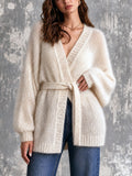 Chic Elegant Cream White Long‑Sleeve Open-Front Loose-Fit Belted Soft Mohair Blend Knit Cardigan