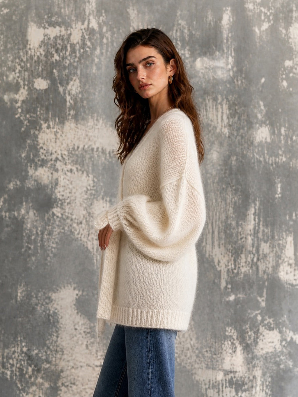 Chic Elegant Cream White Long‑Sleeve Open-Front Loose-Fit Belted Soft Mohair Blend Knit Cardigan