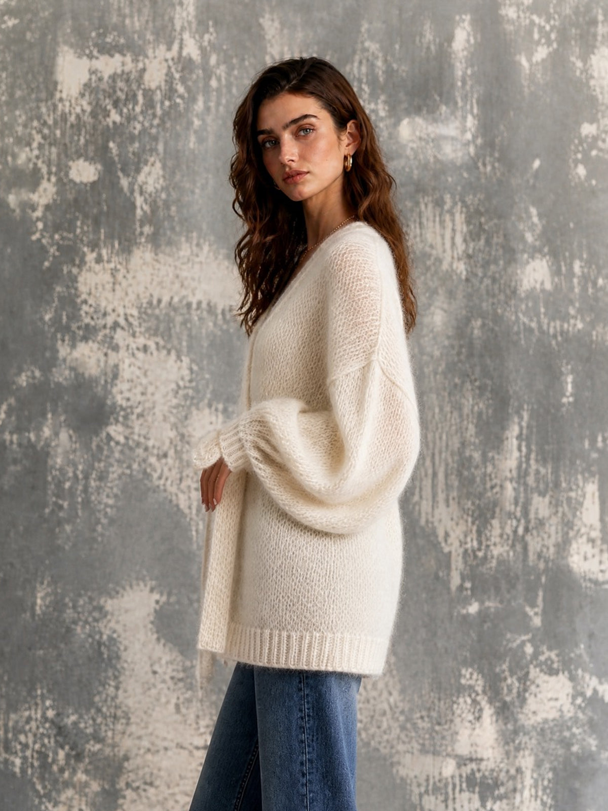 Chic Elegant Cream White Long‑Sleeve Open-Front Loose-Fit Belted Soft Mohair Blend Knit Cardigan