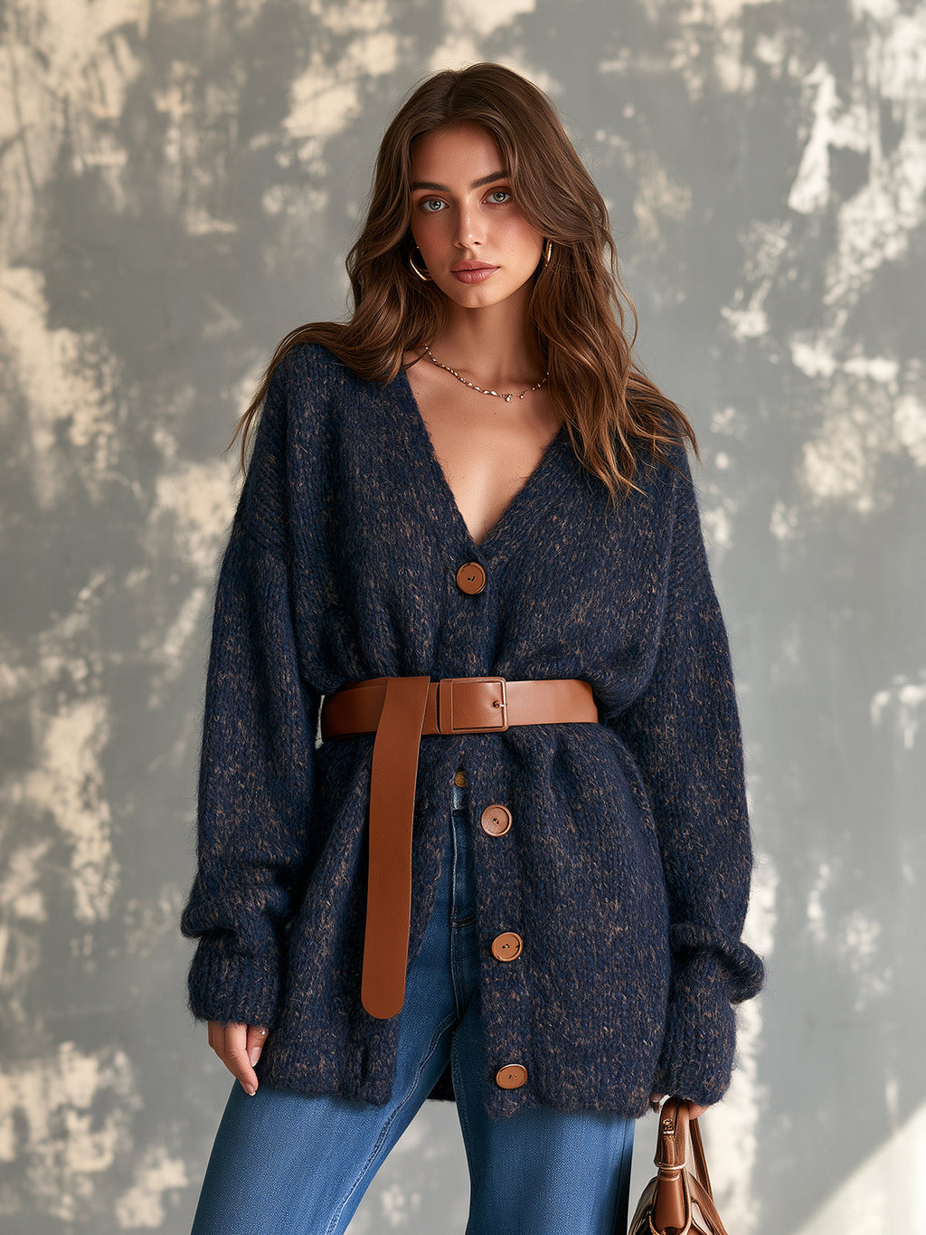 Chic Casual Navy Blue V-Neck Single-Breasted Dropped-Shoulder Long‑Sleeve Loose-Fit Belted Wool Blend Knit Cardigan
