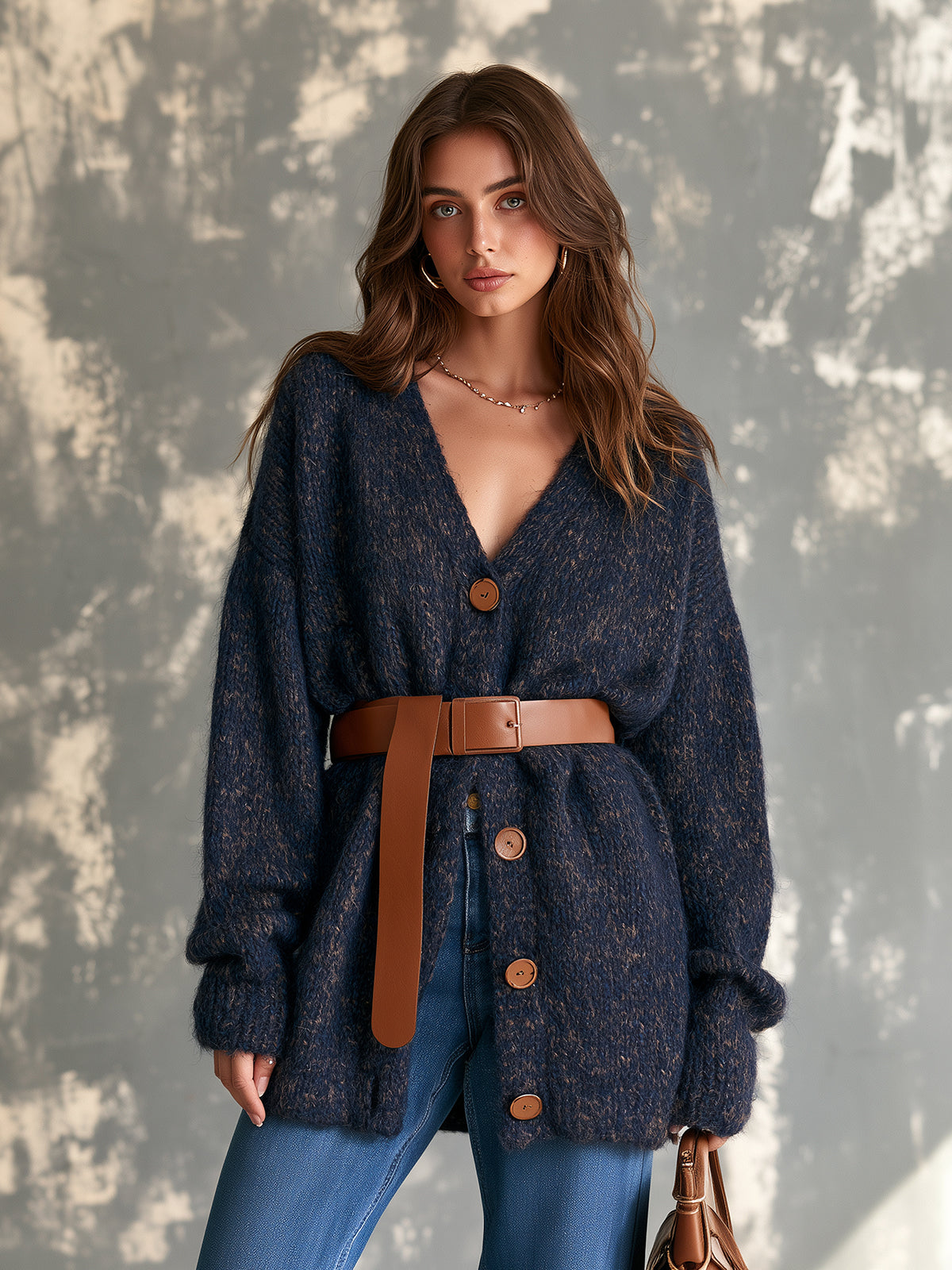 Chic Casual Navy Blue V-Neck Single-Breasted Dropped-Shoulder Long‑Sleeve Loose-Fit Belted Wool Blend Knit Cardigan