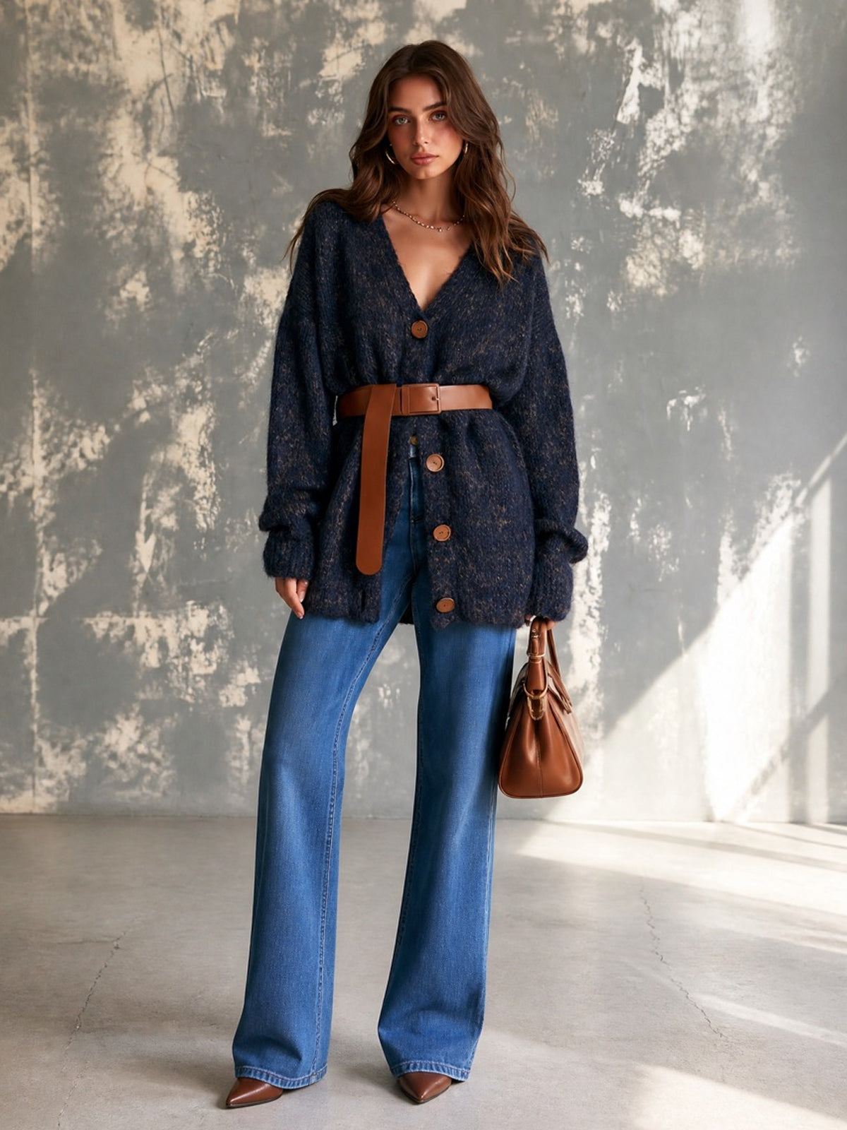 Chic Casual Navy Blue V-Neck Single-Breasted Dropped-Shoulder Long‑Sleeve Loose-Fit Belted Wool Blend Knit Cardigan