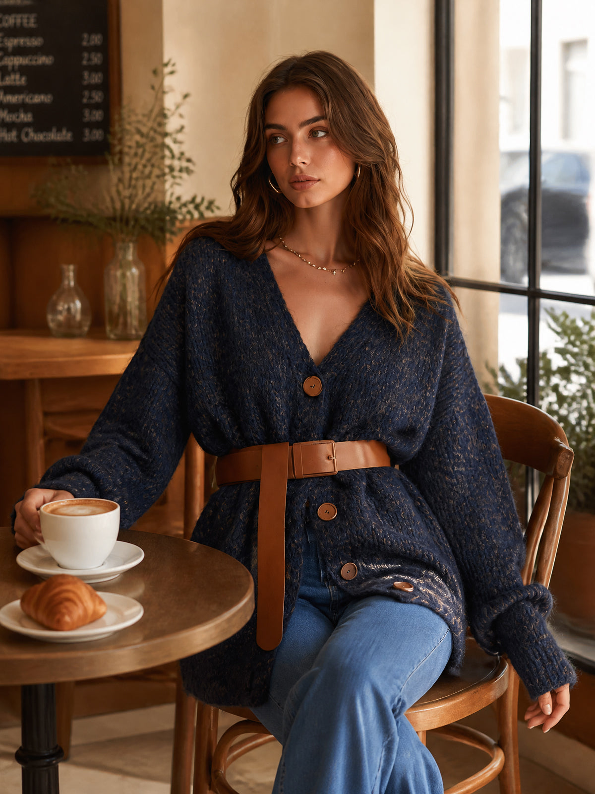 Chic Casual Navy Blue V-Neck Single-Breasted Dropped-Shoulder Long‑Sleeve Loose-Fit Belted Wool Blend Knit Cardigan