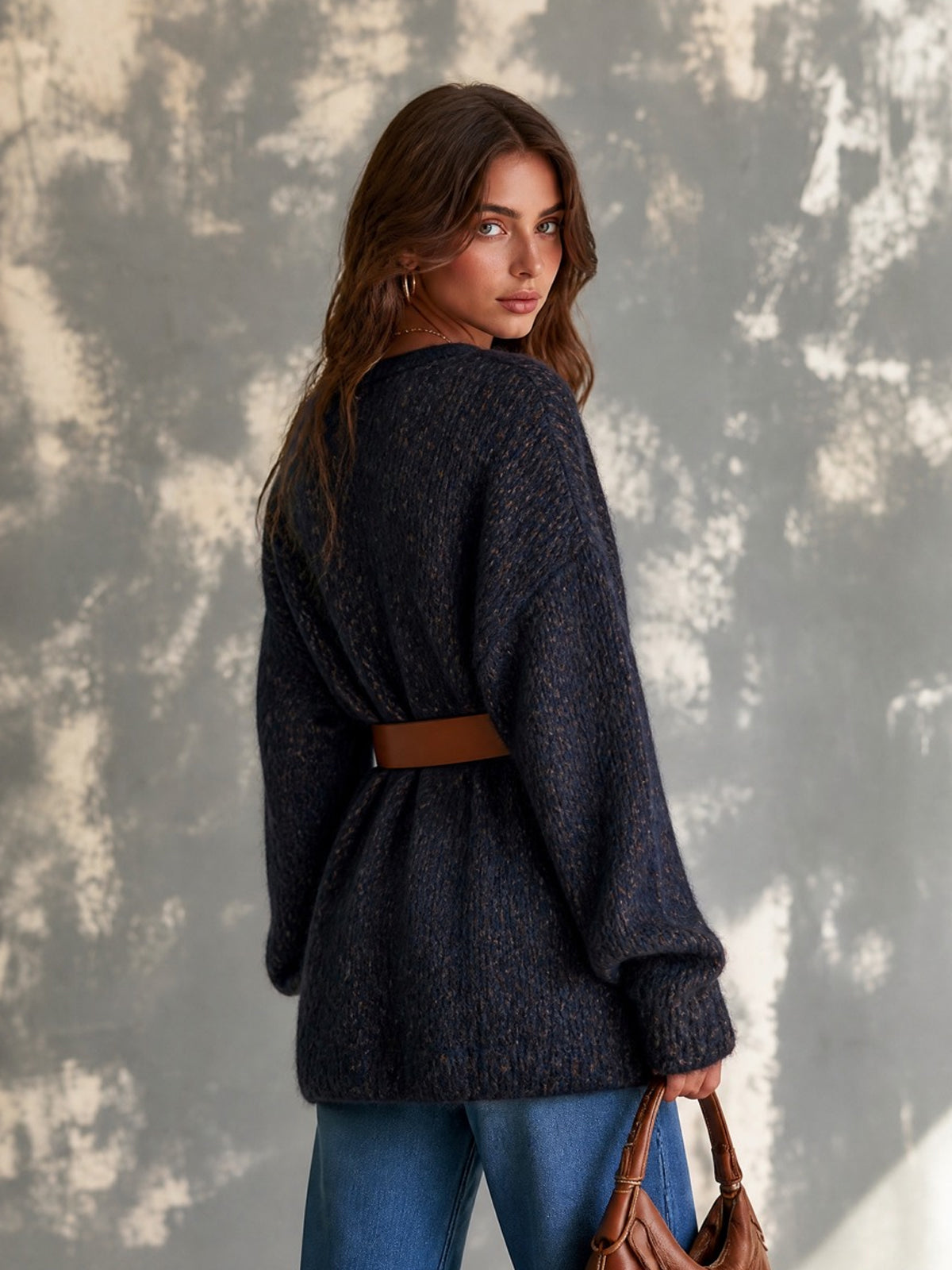 Chic Casual Navy Blue V-Neck Single-Breasted Dropped-Shoulder Long‑Sleeve Loose-Fit Belted Wool Blend Knit Cardigan