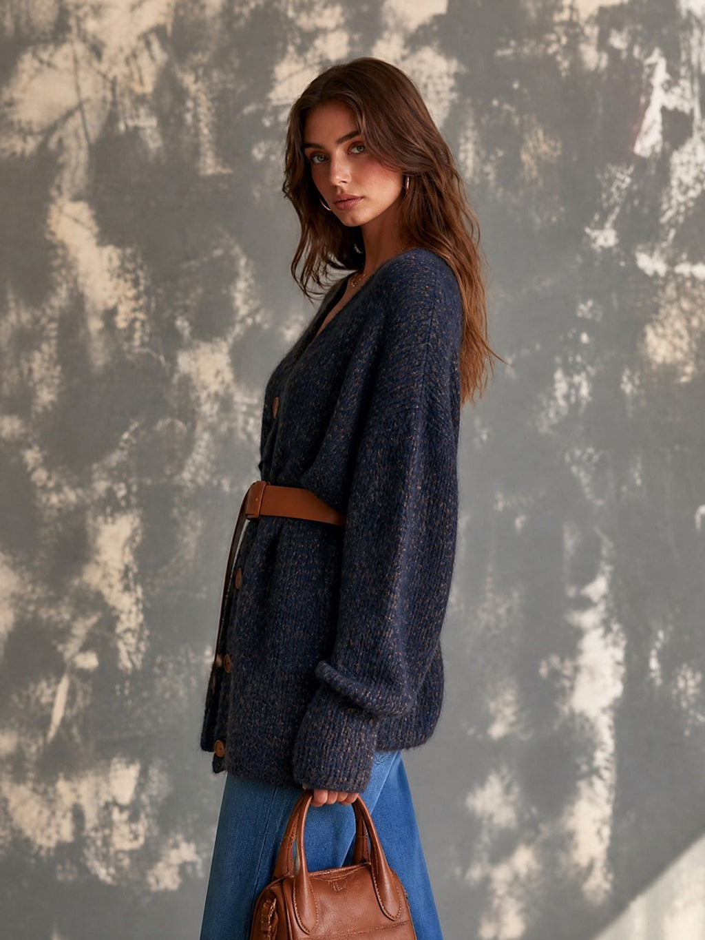 Chic Casual Navy Blue V-Neck Single-Breasted Dropped-Shoulder Long‑Sleeve Loose-Fit Belted Wool Blend Knit Cardigan